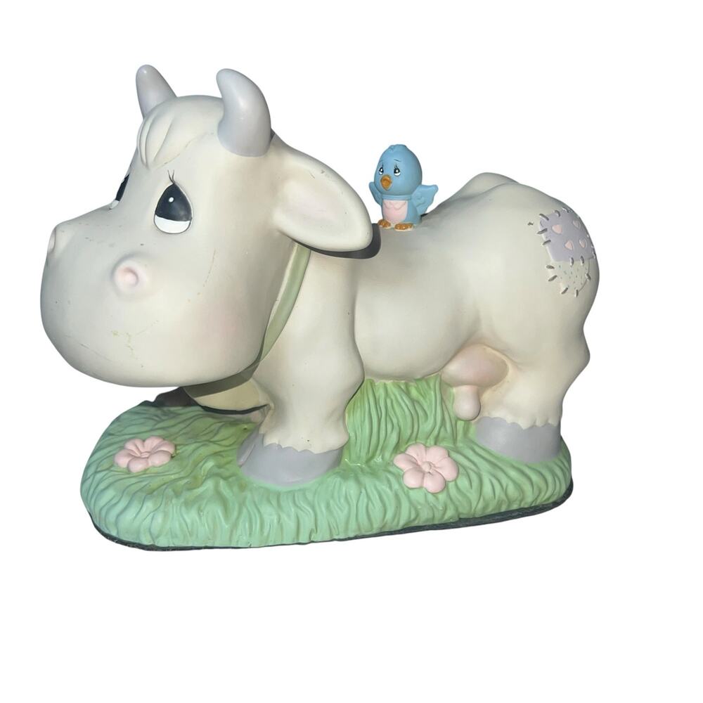 Vintage 2005 Precious Moments cute cow  blue birdie 10" Garden Collection decor
